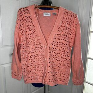 Vintage Woman's Words Pink Button Up Cardigan Size SMALL Crochet Valentines